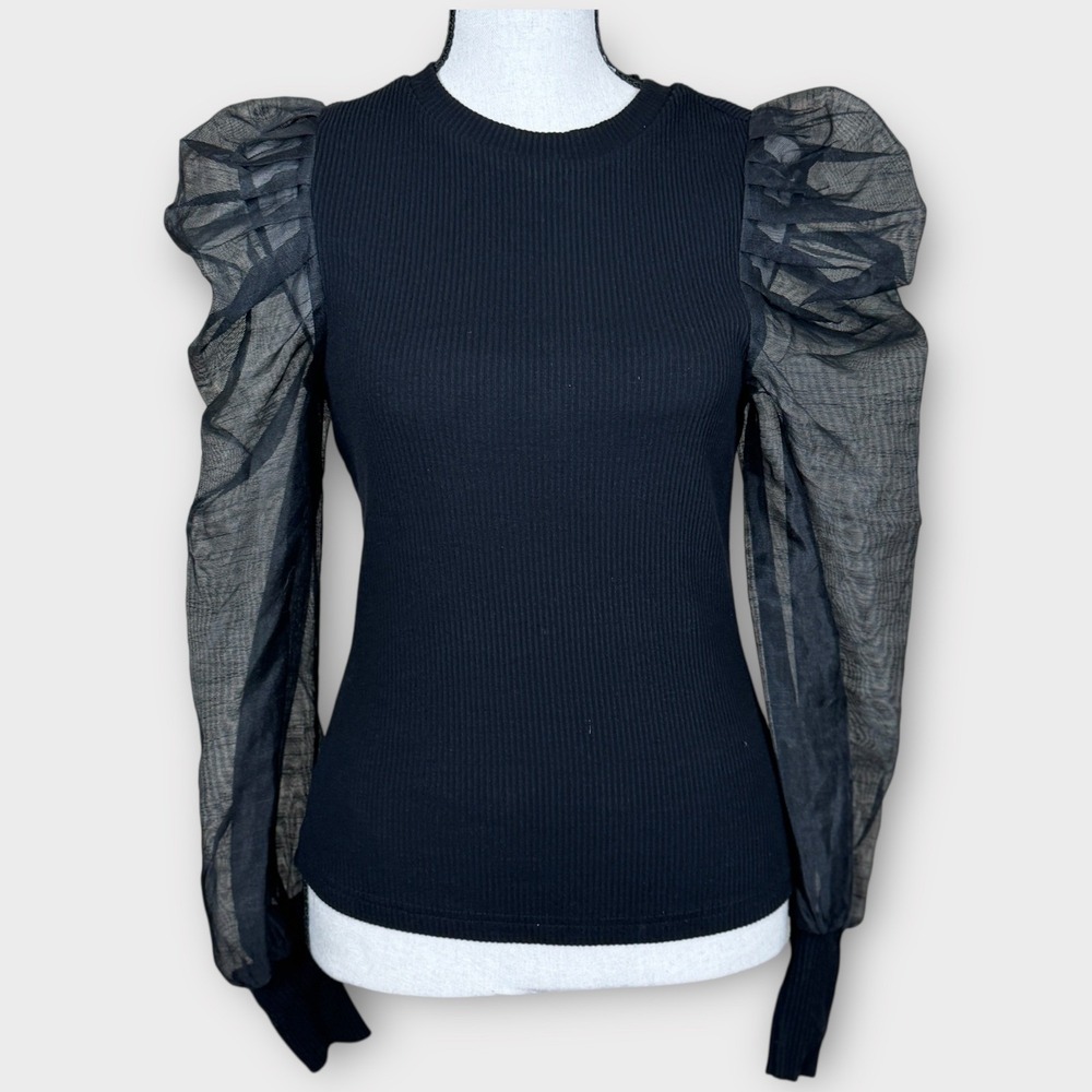 Dolan Left‎ Coast Collection Puff Organza Sleeve Top Womens XS Black Ribbed